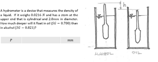 A hydrometer is a device that measures the density of
a liquid. If it weighs 0.0216 N and has a stem at the
upper end that is cylindrical and 2.8mm in diameter.
How much deeper will it float in oil (SG = 0.780) than
in alcohol (SG = 0.821)?
P
mm
53
ALCOHOL
عااج