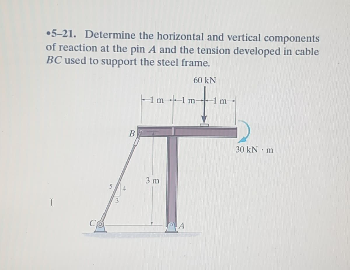 •5-21. Determine the horizontal and vertical components
of reaction at the pin A and the tension developed in cable
BC used to support the steel frame.
60 kN
-1 m1 m
-1 m
B
30 kN m
3 m
4
3
I
