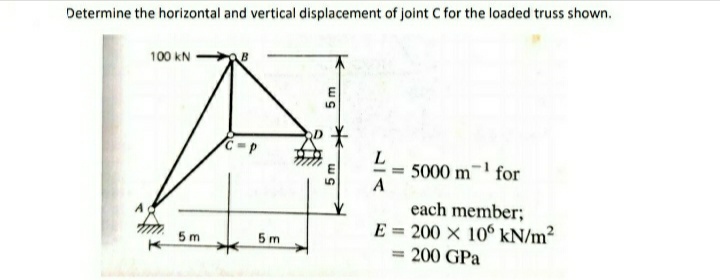 Determine the horizontal and vertical displacement of joint C for the loaded truss shown.
100 kN
5000 m-' for
A
each member;
E = 200 × 10° kN/m²
5 m
5 m
= 200 GPa
