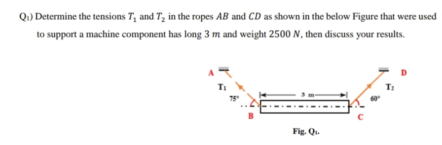 Q1) Determine the tensions T, and T, in the ropes AB and CD as shown in the below Figure that were used
to support a machine component has long 3 m and weight 2500 N, then discuss your results.
A
D
T1
75°
3 m-
60°
в
Fig. Qı.
