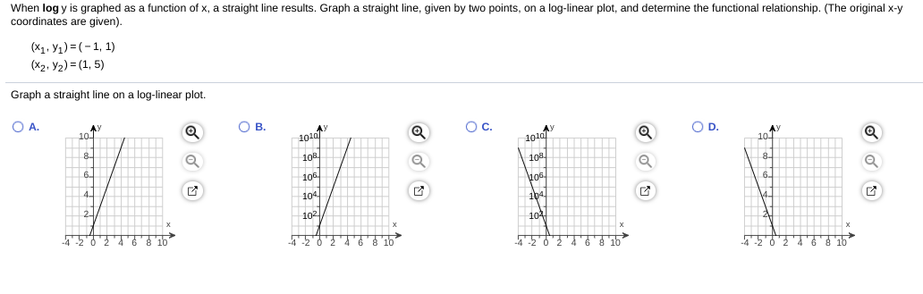 When log y is graphed as a function of x, a straight line results. Graph a straight line, given by two points, on a log-linear plot, and determine the functional relationship. (The original x-y
coordinates are given).
(X1, Y1) = (-1, 1)
(X2, Y2) = (1, 5)
Graph a straight line on a log-linear plot.
OA.
OB.
Oc.
OD.
1010
101a
AY
101
10-
108.
108.
8-
6.
106
106
104
104
2.
102
104
