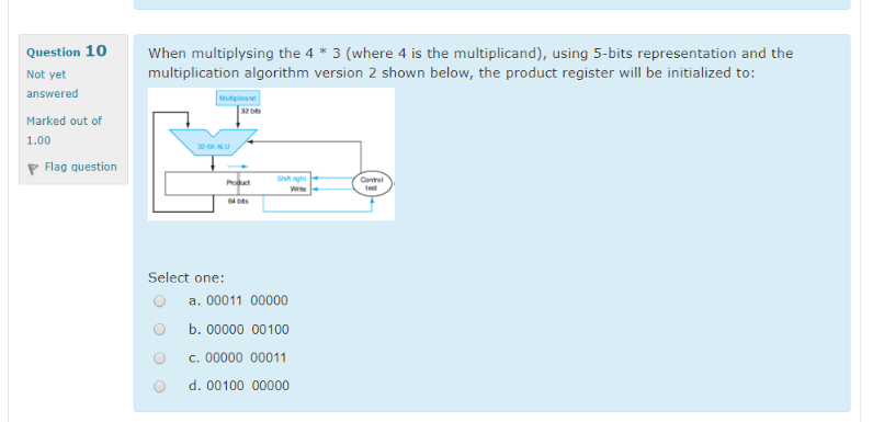 Question 10
When multiplysing the 4 * 3 (where 4 is the multiplicand), using 5-bits representation and the
multiplication algorithm version 2 shown below, the product register will be initialized to:
Not yet
answered
Mutgleand
32 bts
Marked out of
1.00
2 ALU
P Flag question
Poduct
Sght
Contrel
Write
test
64 bits
Select one:
a. 00011 00000
b. 00000 00100
c. 00000 00011
d. 00100 00000
