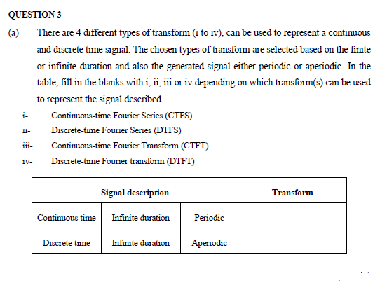 QUESTION 3
(a)
There are 4 different types of transform (i to iv), can be used to represent a continuous
and discrete time signal. The chosen types of transfom are selected based on the finite
or infinite duration and also the generated signal either periodic or aperiodic. In the
table, fill in the blanks with i, ii, iii or iv depending on which transform(s) can be used
to represent the signal described.
i-
Contimuous-time Fourier Series (CTFS)
Discrete-time Fourier Series (DTFS)
11-
ii-
Contimuous-time Fourier Transfom (CTFT)
iv-
Discrete-time Fourier transform (DTFT)
Signal description
Transform
Continuous time
Infinite duration
Periodic
Discrete time
Infinite duration
Aperiodic
