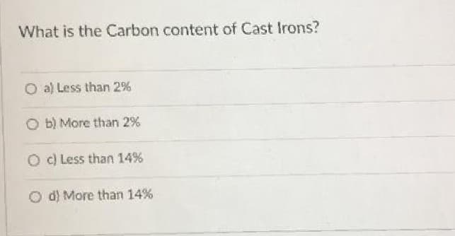 What is the Carbon content of Cast Irons?
O a) Less than 2%
O b) More than 2%
Od Less than 14%
O d) More than 14%
