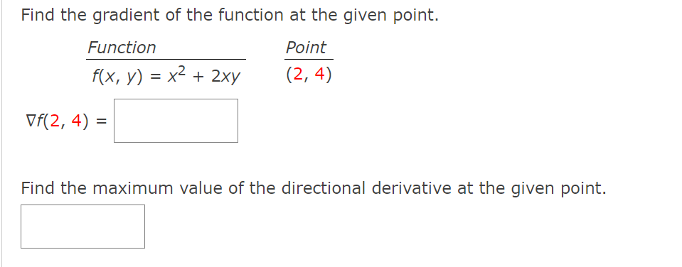 Find the gradient of the function at the given point.
Function
Point
f(x, y) = x2 + 2xy
(2, 4)
Vf(2, 4) =
Find the maximum value of the directional derivative at the given point.
