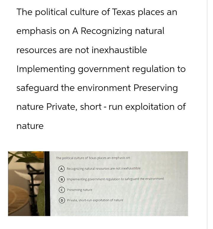 The political culture of Texas places an
emphasis on A Recognizing natural
resources are not inexhaustible
Implementing government regulation to
safeguard the environment Preserving
nature Private, short - run exploitation of
nature
The political culture of Texas places an emphasis on
A) Recognizing natural resources are not inexhaustible
B) Implementing government regulation to safeguard the environment
Preserving nature
Private, short-run exploitation of nature