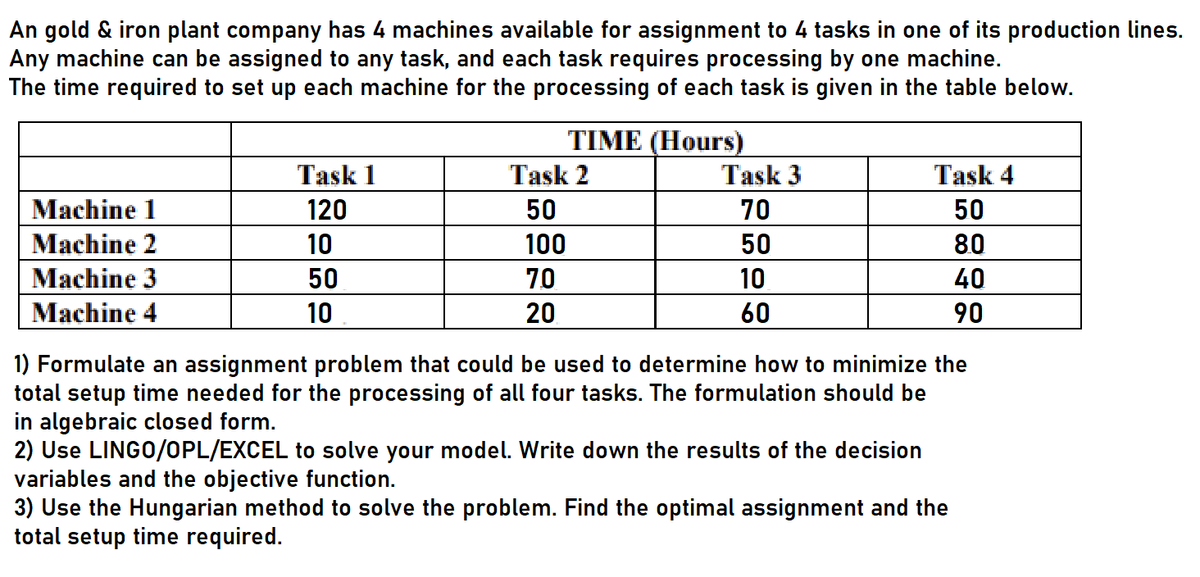 An gold & iron plant company has 4 machines available for assignment to 4 tasks in one of its production lines.
Any machine can be assigned to any task, and each task requires processing by one machine.
The time required to set up each machine for the processing of each task is given in the table below.
TIME (Hours)
Task 1
Task 2
Task 3
Task 4
Machine 1
120
50
70
50
Machine 2
10
100
50
80
Machine 3
50
70
10
40
Machine 4
10
20
60
90
1) Formulate an assignment problem that could be used to determine how to minimize the
total setup time needed for the processing of all four tasks. The formulation should be
in algebraic closed form.
2) Use LINGO/OPL/EXCEL to solve your model. Write down the results of the decision
variables and the objective function.
3) Use the Hungarian method to solve the problem. Find the optimal assignment and the
total setup time required.
