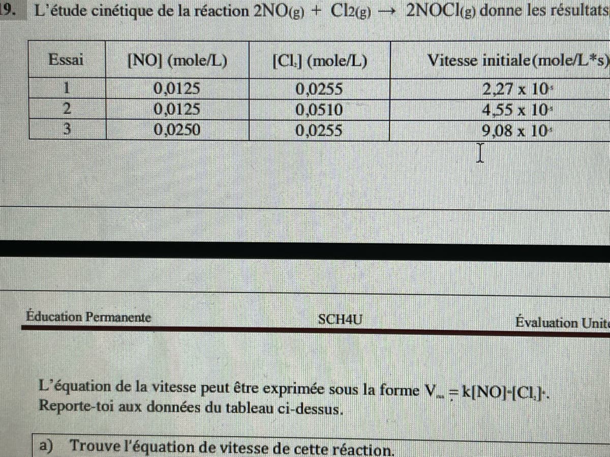 19. L'étude cinétique de la réaction 2NO(g) + Cl2(g)
2NOClg) donne les résultats
Essai
[NO] (mole/L)
[CL] (mole/L)
Vitesse initiale(mole/L*s)
0,0125
0,0125
0,0250
0,0255
0,0510
0,0255
2,27 x 10
4,55 x 10
9,08 x 10
I.
3
Éducation Permanente
Évaluation Unite
SCH4U
L'équation de la vitesse peut être exprimée sous la forme V=k[NO1-HCL].
Reporte-toi aux données du tableau ci-dessus.
a) Trouve l'équation de vitesse de cette réaction.
