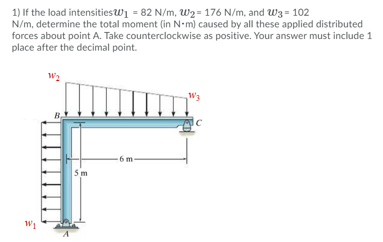 1) If the load intensitiesWj = 82 N/m, W2= 176 N/m, and W3= 102
N/m, determine the total moment (in N•m) caused by all these applied distributed
forces about point A. Take counterclockwise as positive. Your answer must include 1
place after the decimal point.
W2
W3
B,
- 6 m
5 m
W1
