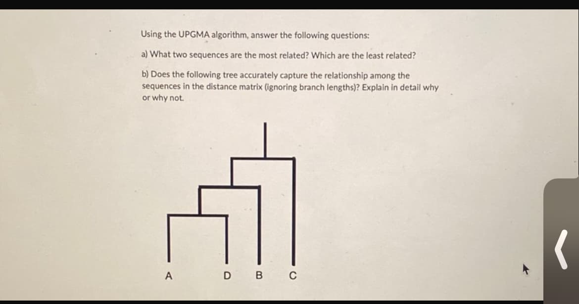 Using the UPGMA algorithm, answer the following questions:
a) What two sequences are the most related? Which are the least related?
b) Does the following tree accurately capture the relationship among the
sequences in the distance matrix (ignoring branch lengths)? Explain in detail why
or why not.
A
DBC
(