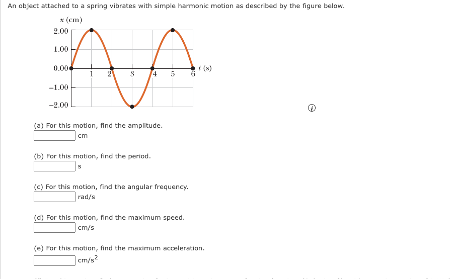 An object attached to a spring vibrates with simple harmonic motion as described by the figure below.
x (cm)
2.00
1.00
0.00
-1.00
-2.00
1
19
A
3 4 5
(a) For this motion, find the amplitude.
cm
(b) For this motion, find the period.
s
(c) For this motion, find the angular frequency.
rad/s
(d) For this motion, find the maximum speed.
cm/s
t(s)
(e) For this motion, find the maximum acceleration.
cm/s²