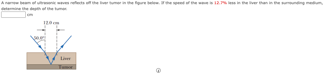 A narrow beam of ultrasonic waves reflects off the liver tumor in the figure below. If the speed of the wave is 12.7% less in the liver than in the surrounding medium,
determine the depth of the tumor.
cm
12.0 cm
I
50.0⁰!
Liver
Tumor