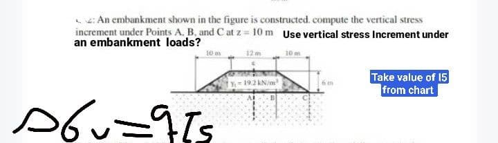 2: An embankment shown in the figure is constructed. compute the vertical stress
increment under Points A. B. and C at z = 10 m Use vertical stress Increment under
an embankment loads?
10 m
12 m
10 m
Y₁-192 kN/m²
Take value of 15
from chart
s6v=9[s