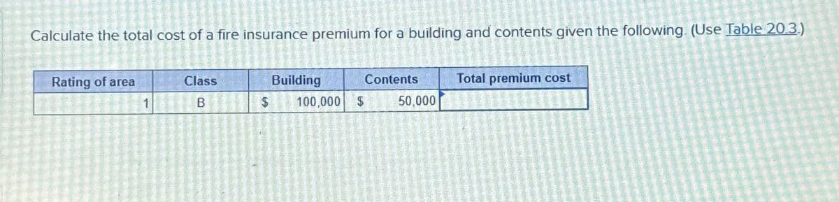 Calculate the total cost of a fire insurance premium for a building and contents given the following. (Use Table 20.3.)
Rating of area
Class
B
Building
$ 100,000 $
Contents
50,000
Total premium cost