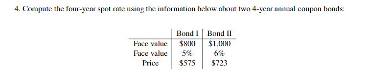 4. Compute the four-year spot rate using the information below about two 4-year annual coupon bonds:
Face value
Face value
Price
Bond I Bond II
$800
5%
$575
$1,000
6%
$723
