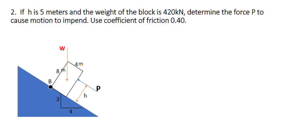 2. If his 5 meters and the weight of the block is 420kN, determine the force P to
cause motion to impend. Use coefficient of friction 0.40.
B
W
8m
3
4
4m
h
P