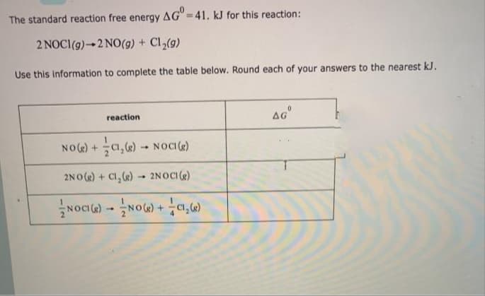The standard reaction free energy AG"=41. kJ for this reaction:
2 NOCI(g)2 NO(9) + Cl2(g)
Use this information to complete the table below. Round each of your answers to the nearest kJ.
reaction
aG
NO() + C1, e) NOCI e)
2NO () + CI, e) - 2NOCI(e)
