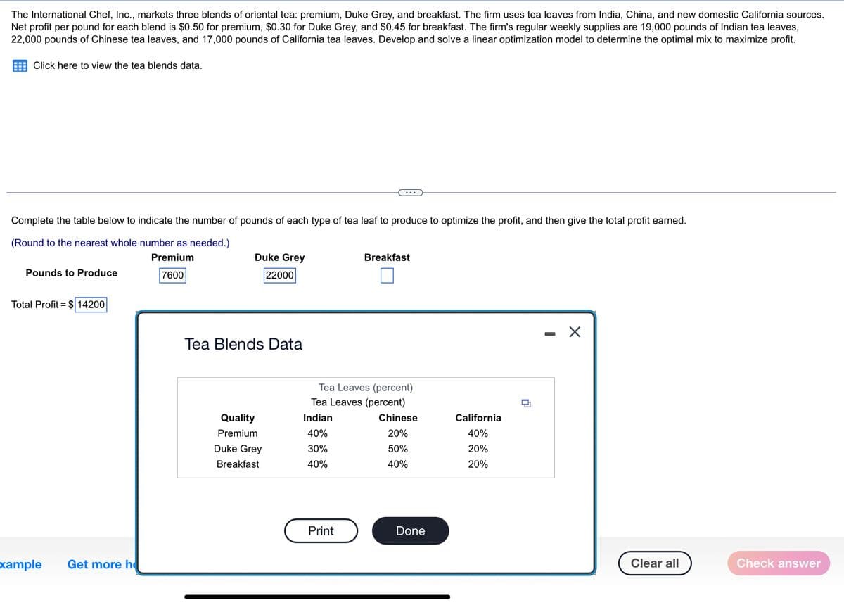 The International Chef, Inc., markets three blends of oriental tea: premium, Duke Grey, and breakfast. The firm uses tea leaves from India, China, and new domestic California sources.
Net profit per pound for each blend is $0.50 for premium, $0.30 for Duke Grey, and $0.45 for breakfast. The firm's regular weekly supplies are 19,000 pounds of Indian tea leaves,
22,000 pounds of Chinese tea leaves, and 17,000 pounds of California tea leaves. Develop and solve a linear optimization model to determine the optimal mix to maximize profit.
Click here to view the tea blends data.
Complete the table below to indicate the number of pounds of each type of tea leaf to produce to optimize the profit, and then give the total profit earned.
(Round to the nearest whole number as needed.)
Premium
7600
Pounds to Produce
Total Profit = $ 14200
Example Get more he
Duke Grey
22000
Tea Blends Data
Quality
Premium
Duke Grey
Breakfast
Breakfast
Tea Leaves (percent)
Tea Leaves (percent)
Indian
40%
30%
40%
Print
Chinese
20%
50%
40%
Done
California
40%
20%
20%
I
X
Clear all
Check answer