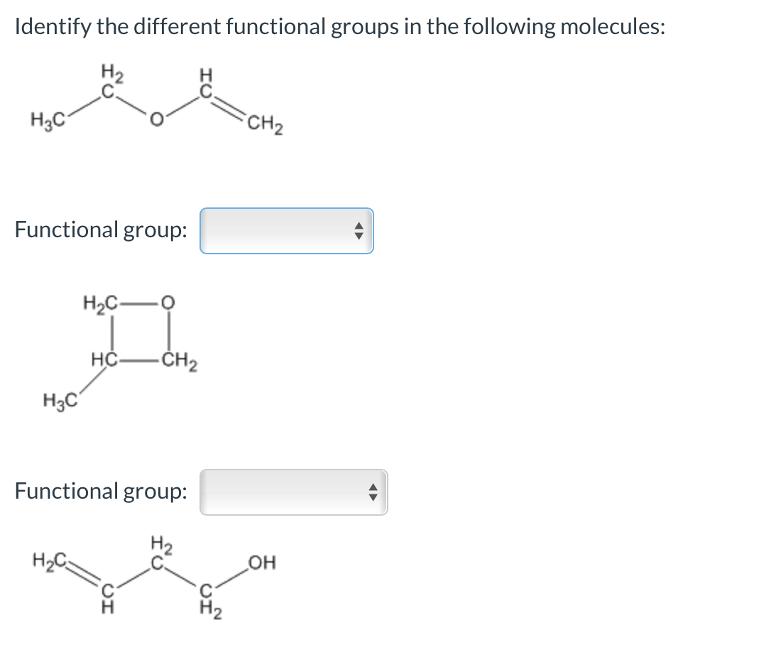 Identify the different functional groups in the following molecules:
H3C
Functional group:
H3C
H₂C-
HC
-CH₂
Functional group:
IN
H₂
CH₂
OH