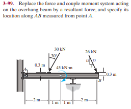 3-99. Replace the force and couple moment system acting
on the overhang beam by a resultant force, and specify its
location along AB measured from point A.
30 kN
26 kN
30
13
03 m
45 kN m
Co.3 m
