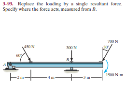 3-93. Replace the loading by a single resultant force.
Specify where the force acts, measured from B.
700 N
450 N
300N
30
60
1500 N-m
4 m
3m-
