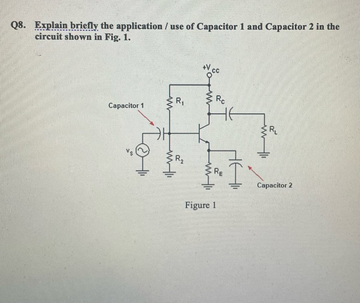Q8. Explain briefly the application / use of Capacitor 1 and Capacitor 2 in the
circuit shown in Fig. 1.
R,
Rc
Capacitor 1
R.
RE
Capacitor 2
Figure 1
