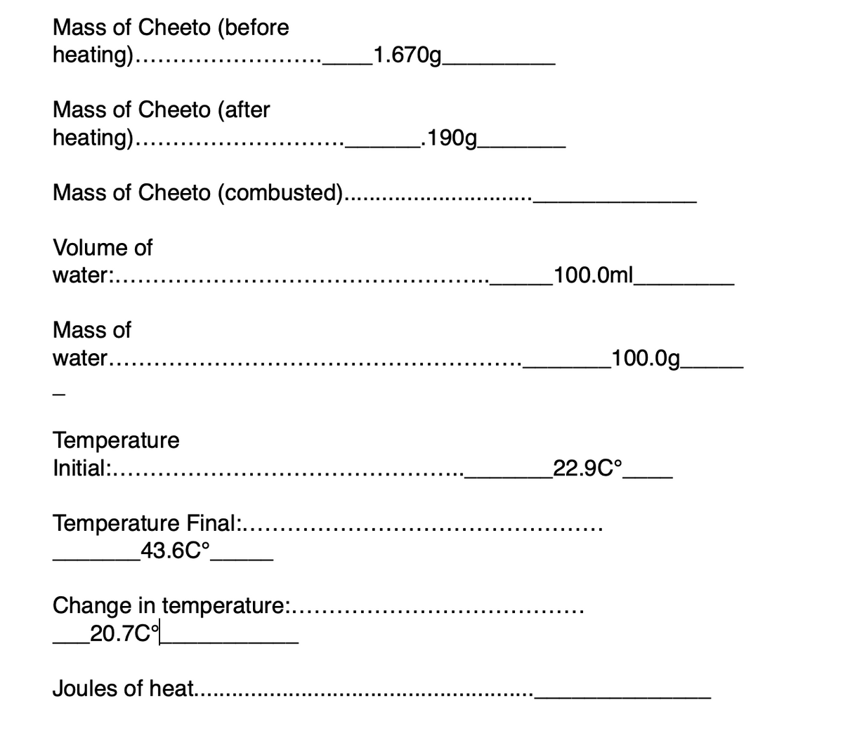 Mass of Cheeto (before
heating)...
1.670g
Mass of Cheeto (after
heating)....
.190g
Mass of Cheeto (combusted)...
Volume of
water:....
100.0ml
Mass of
water....
_100.0g_
Temperature
Initial:.....
22.9C°
Temperature Final:.
43.6C°
Change in temperature:...
20.7C
Joules of heat...
