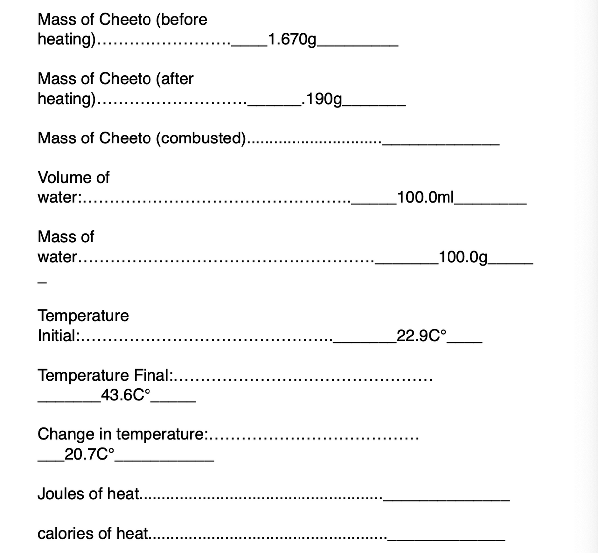 Mass of Cheeto (before
heating)...
1.670g
Mass of Cheeto (after
heating)....
.190g
Mass of Cheeto (combusted)...
Volume of
water:....
100.0ml
Mass of
water....
_100.0g_
Temperature
Initial:.....
22.9C°
Temperature Final:.
43.6C°
Change in temperature:...
20.7C°
Joules of heat....
calories of heat...
