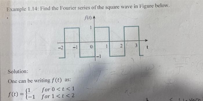 Example 1.14: Find the Fourier series of the square wave in Figure below.
f(1) A
1
AhA
-1
0.
1
2
Solution:
One can be writing f(t) as:
f(t) = {1
for 0 < t <1
-1 for 1< t < 2
3
الها