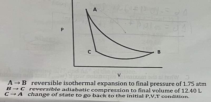 P
C
A
B
41
how notensys Vumixem sidal W
A B reversible isothermal expansion to final pressure of 1.75 atm
B→ C reversible adiabatic compression to final volume of 12.40 L
C A change of state to go back to the initial P,V,T condition.