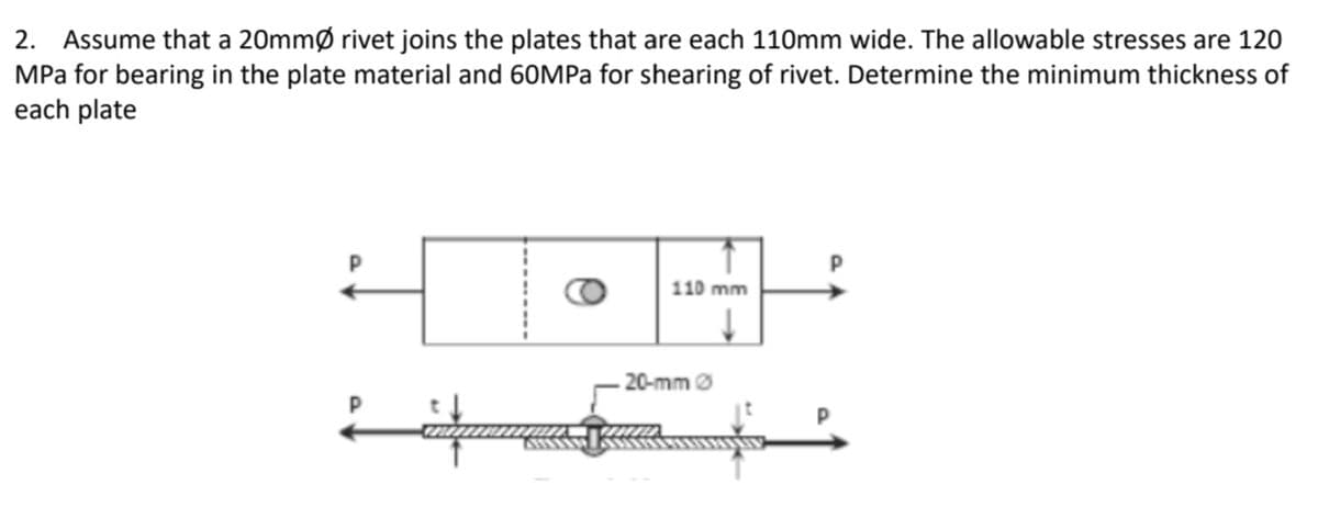 2. Assume that a 20mmØ rivet joins the plates that are each 110mm wide. The allowable stresses are 120
MPa for bearing in the plate material and 60MPA for shearing of rivet. Determine the minimum thickness of
each plate
110 mm
20-mm 0
