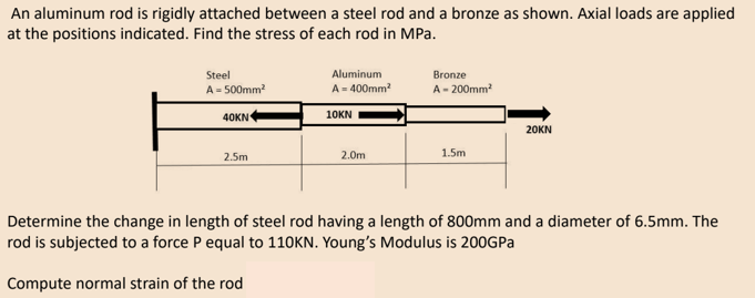 An aluminum rod is rigidly attached between a steel rod and a bronze as shown. Axial loads are applied
at the positions indicated. Find the stress of each rod in MPa.
Steel
Aluminum
Bronze
A- 500mm
A = 400mm?
A- 200mm
40KN
10KN
20KN
1.5m
2.5m
2.0m
Determine the change in length of steel rod having a length of 800mm and a diameter of 6.5mm. The
rod is subjected to a force P equal to 110KN. Young's Modulus is 200GPA
Compute normal strain of the rod
