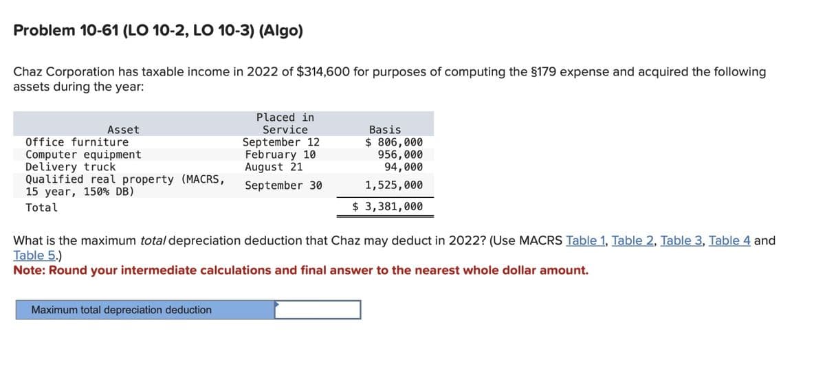 Problem 10-61 (LO 10-2, LO 10-3) (Algo)
Chaz Corporation has taxable income in 2022 of $314,600 for purposes of computing the §179 expense and acquired the following
assets during the year:
Asset
Office furniture
Computer equipment
Delivery truck
Qualified real property (MACRS,
15 year, 150% DB)
Total
Placed in
Service
September 12
February 10
August 21
September 30
Maximum total depreciation deduction
Basis
$ 806,000
956,000
94,000
1,525,000
$ 3,381,000
What is the maximum total depreciation deduction that Chaz may deduct in 2022? (Use MACRS Table 1, Table 2, Table 3, Table 4 and
Table 5.)
Note: Round your intermediate calculations and final answer to the nearest whole dollar amount.