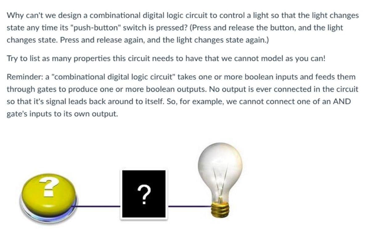 Why can't we design a combinational digital logic circuit to control a light so that the light changes
state any time its "push-button" switch is pressed? (Press and release the button, and the light
changes state. Press and release again, and the light changes state again.)
Try to list as many properties this circuit needs to have that we cannot model as you can!
Reminder: a "combinational digital logic circuit" takes one or more boolean inputs and feeds them
through gates to produce one or more boolean outputs. No output is ever connected in the circuit
so that it's signal leads back around to itself. So, for example, we cannot connect one of an AND
gate's inputs to its own output.
?
