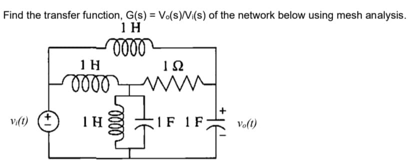 Find the transfer function, G(s) = Vo(s)/Vi(s) of the network below using mesh analysis.
1 H
oooo
vi(t)
1 H
0000
IH
192
www.
IF IF
+
Vo(t)