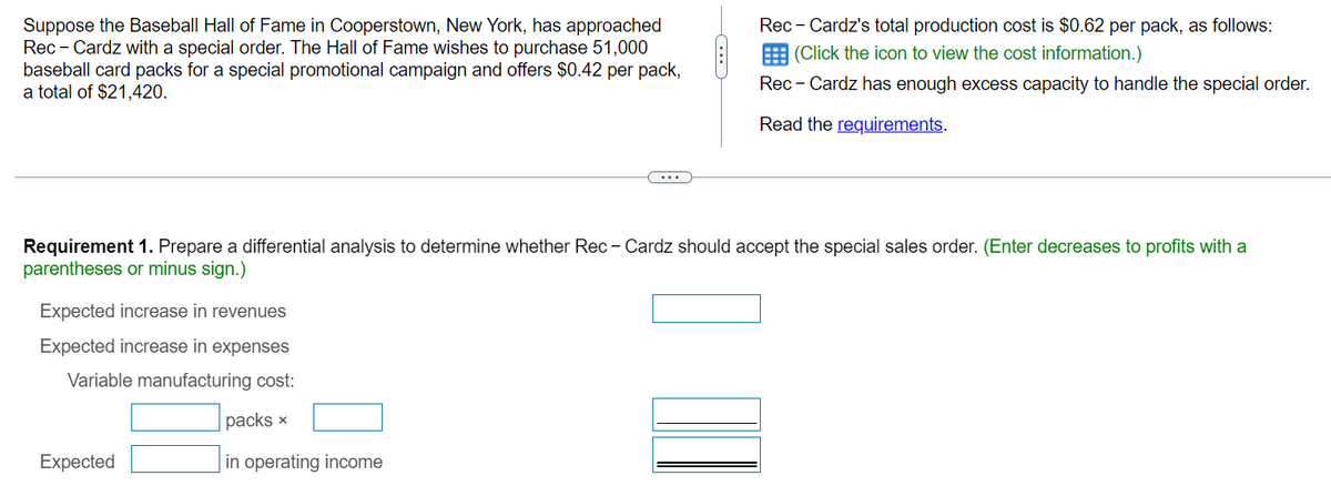 Suppose the Baseball Hall of Fame in Cooperstown, New York, has approached
Rec-Cardz with a special order. The Hall of Fame wishes to purchase 51,000
baseball card packs for a special promotional campaign and offers $0.42 per pack,
a total of $21,420.
Requirement 1. Prepare a differential analysis to determine whether Rec - Cardz should accept the special sales order. (Enter decreases to profits with a
parentheses or minus sign.)
Expected increase in revenues
Expected increase in expenses
Variable manufacturing cost:
packs x
in operating income
Rec-Cardz's total production cost is $0.62 per pack, as follows:
(Click the icon to view the cost information.)
Rec-Cardz has enough excess capacity to handle the special order.
Read the requirements.
Expected