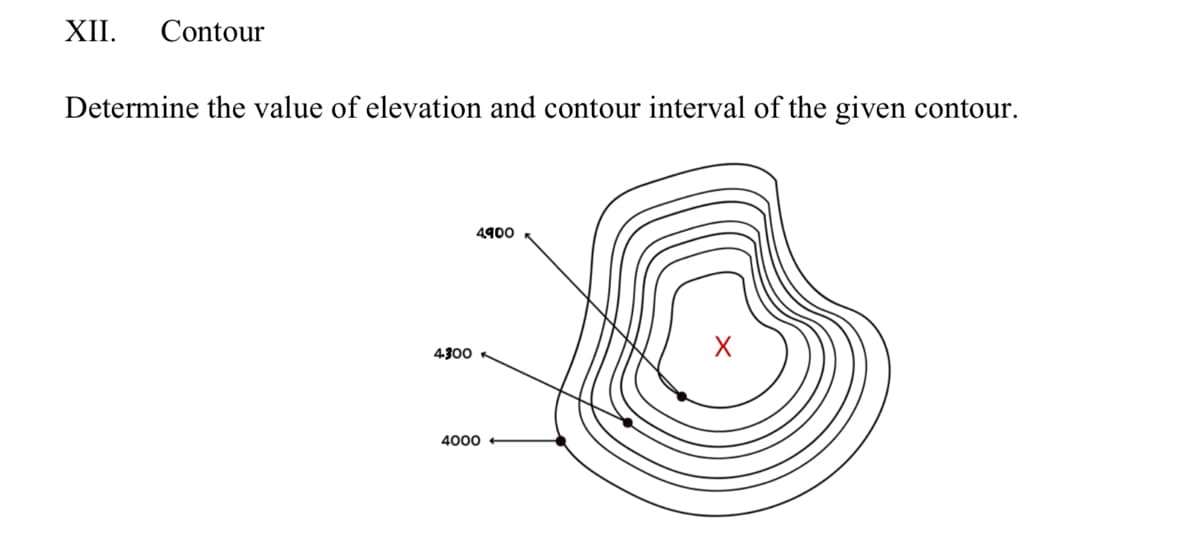 XII. Contour
Determine the value of elevation and contour interval of the given contour.
4.300
4.900
4000
X