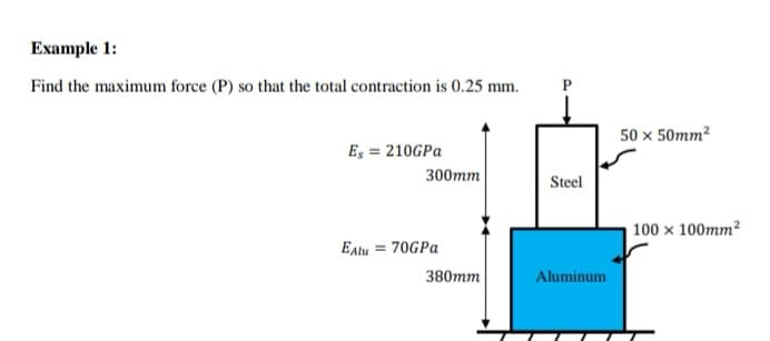 Example 1:
Find the maximum force (P) so that the total contraction is 0.25 mm.
50 x 50mm²
Es = 210GPA
300тт
Steel
| 100 x 100mm?
Eatu = 70GPA
380тm
Aluminum
