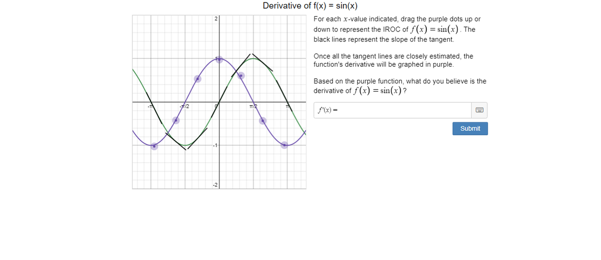 Derivative of f(x) = sin(x)
For each x-value indicated, drag the purple dots up or
down to represent the IROC of f(x) = sin(x). The
black lines represent the slope of the tangent.
Once all the tangent lines are closely estimated, the
function's derivative will be graphed in purple.
Based on the purple function, what do you believe is the
derivative of f(x) = sin(x)?
f(x) =
Submit
