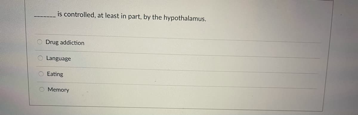 is controlled, at least in part, by the hypothalamus.
Drug addiction
O Language
O Eating
O Memory
