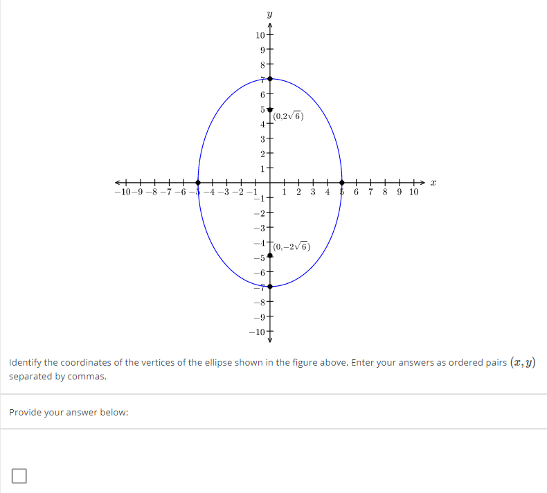 <++++
-10-9-8-7-6-5-4-3-2
10-
9
8
Provide your answer below:
it
+
7
6
5
4
3+
2
-5
(0,2√6)
-8-
-9
++
-2
-3+
-4(0,-2√6)
1 234 5 6 7
8 9 10
Identify the coordinates of the vertices of the ellipse shown in the figure above. Enter your answers as ordered pairs (x, y)
separated by commas.