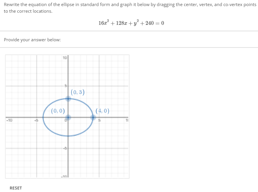 Rewrite the equation of the ellipse in standard form and graph it below by dragging the center, vertex, and co-vertex points
to the correct locations.
Provide your answer below:
-10
RESET
10
(0, 0)
'
(0, 3)
16x² +128x + y² +240 = 0
(4,0)