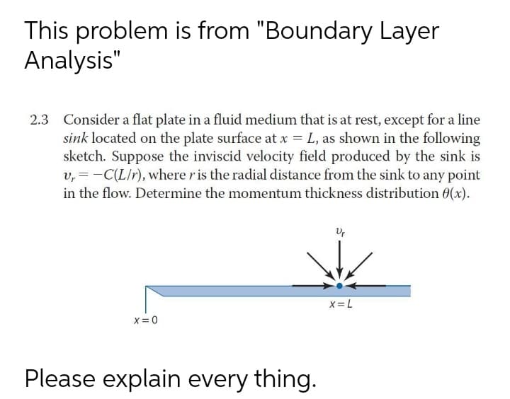 This problem is from "Boundary Layer
Analysis"
2.3 Consider a flat plate in a fluid medium that is at rest, except for a line
sink located on the plate surface at x = L, as shown in the following
sketch. Suppose the inviscid velocity field produced by the sink is
v, = -C(L/r), where r is the radial distance from the sink to any point
in the flow. Determine the momentum thickness distribution 0(x).
X= L
X = 0
Please explain every thing.
