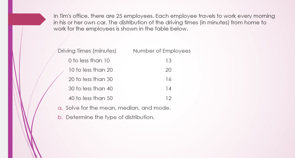 In Tim's office, there are 25 employees. Each employee travels to work every morning
in his or her own car. The distribution of the driving times (in minutes) from home to
work for the employees is shown in the table below.
Driving Times (minutes)
Number of Employees
O to less than 10
13
10 to less than 20
20
20 to less than 30
16
30 to less than 40
14
40 to less than 50
12
a. Solve for the mean, median, and mode.
b. Determine the type of distribution.
