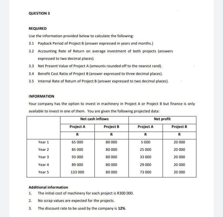 QUESTION 3
REQUIRED
Use the information provided below to calculate the following:
3.1 Payback Period of Project B (answer expressed in years and months.)
3.2 Accounting Rate of Return on average investment of both projects (answers
expressed to two decimal places).
3.3 Net Present Value of Project A (amounts rounded off to the nearest rand).
3.4 Benefit Cost Ratio of Project B (answer expressed to three decimal places).
3.5 Internal Rate of Return of Project B (answer expressed to two decimal places).
INFORMATION
Your company has the option to invest in machinery in Project A or Project B but finance is only
available to invest in one of them. You are given the following projected data:
Net cash inflows
Net profit
Project A
Project B
Project A
Project B
R
R
R
R
65 000
80 000
5 000
20 000
Year 1
Year 2
85 000
80 000
25 000
20 000
Year 3
93 000
80 000
33 000
20 000
Year 4
89 000
80 000
29 000
20 000
Year 5
133 000
80 000
73 000
20 000
Additional information
1.
The initial cost of machinery for each project is R300 000.
2.
No scrap values are expected for the projects.
3.
The discount rate to be used by the company is 12%.
