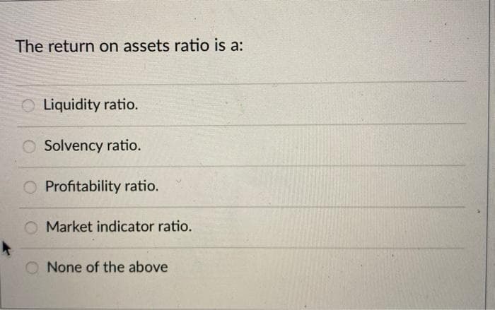 The return on assets ratio is a:
Liquidity ratio.
Solvency ratio.
Profitability ratio.
Market indicator ratio.
O None of the above