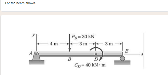 For the beam shown.
Pg= 30 kN
3 m
4 m
3 m
E
A
B
D
Cp= 40 kN • m
