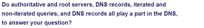 Do authoritative and root servers, DNS records, iterated and
non-iterated queries, and DNS records all play a part in the DNS,
to answer your question?