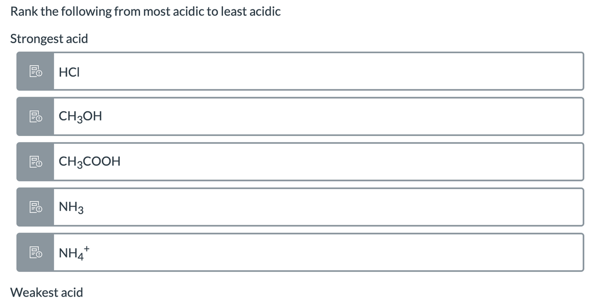 Rank the following from most acidic to least acidic
Strongest acid
HCI
CH3OH
P CH3COOH
E. NH3
NH4*
Weakest acid
