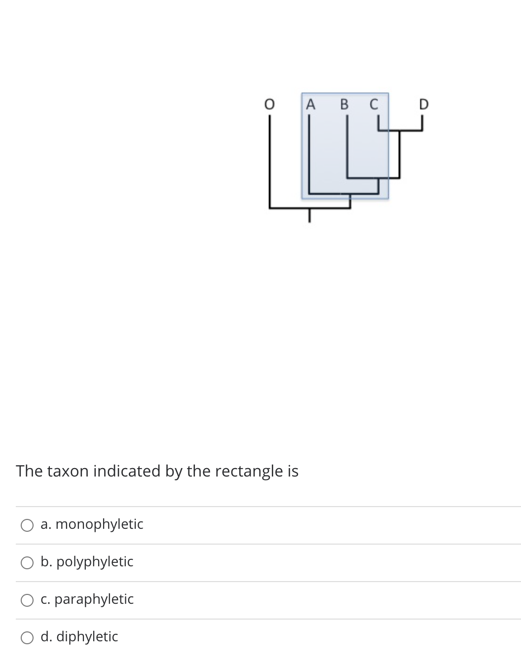 A B C
| L
D
The taxon indicated by the rectangle is
а.
monophyletic
b. polyphyletic
c. paraphyletic
d. diphyletic
